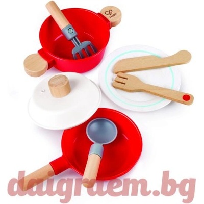 Hape Дървен комплект за готвене и сервиране, 8 части, hape e3188 (h3188)