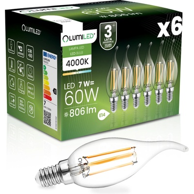Lumiled 6x LED žárovka E14 7W = 60W 4000K Svíčka FILAMENT