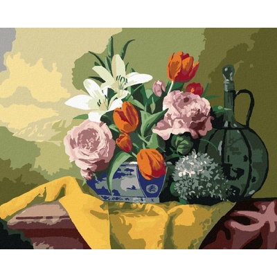 ZUTY Malování podle čísel ZÁTIŠÍ TULIPÁNY LILIE HORTENZIE A RŮŽE NA ŽLUTÉM UBRUSU PIETER WAGEMANS 40 x 50 cm vypnuté plátno na rám