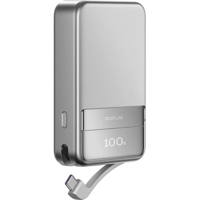 EcoFlow Rapid Magnetic Qi2 Wireless Charging Power Bank 10000 mAh 65W - преносима външна батерия вграден USB-C кабел, USB-C порт и безжично зареждане с MagSafe (сребрист)