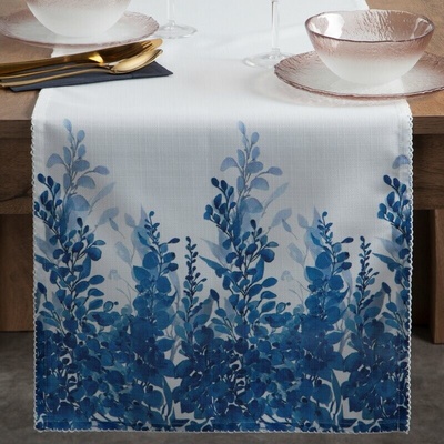 Takoy Běhoun bílo-modrý 40x140 cm zdobený na okrajích rostlinným vzorem - INES 14-HF-480376 | 40 x 140 cm