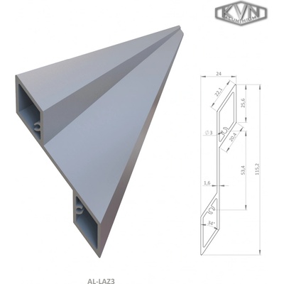 1,6 mm tlustý profil na výplň 115,2x24,4x6000 mm, materiál EN AW-6060 T66, přírodní hliník bez povrchové úpravy, cena za KUS