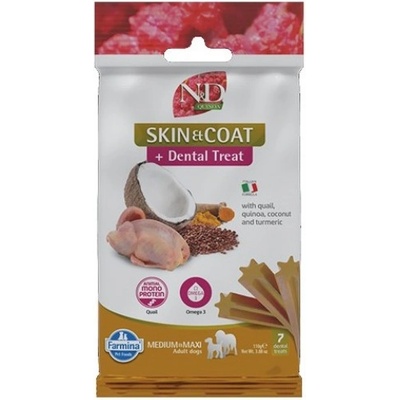 N&D Quinoa Skin & Coat Dental Care Treat With Quail, Coconut and Turmeric Medium Maxi - Дентални стикове за кучета от средни и едри породи с пъдпъдък, киноа, кокос и куркума - 100 гр, Италия - KND0011008