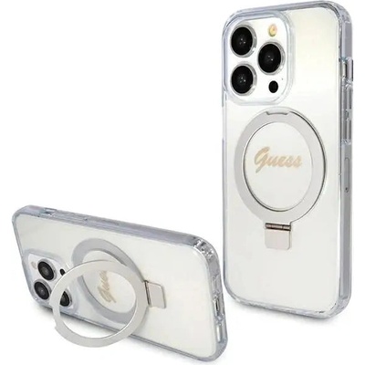 GUESS Кейс Guess Ring Stand Script Glitter MagSafe за iPhone 15 Pro, прозрачен (3666339156626)