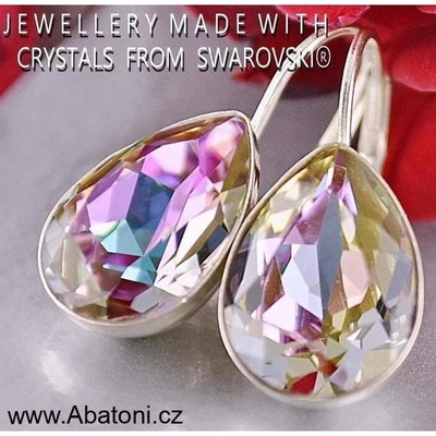 Swarovski Elements Pear vlepený krystal stříbrné náušnice visací fialová slza kapky 31242.3 Vitrail Light růžová fialová tyrkysová duhová