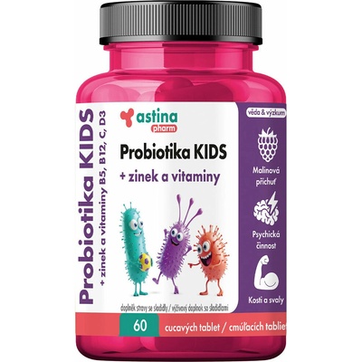 Astina Pharm Probiotika KIDS + zinok a vitamíny cmúľacie príchuť malina 60 tabliet