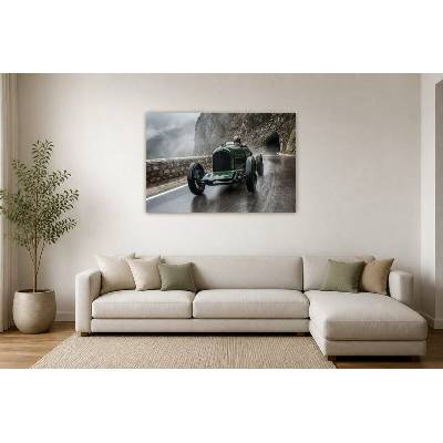 Obraz na plátně – Zelený závodní automobil v horách 135 × 90 cm