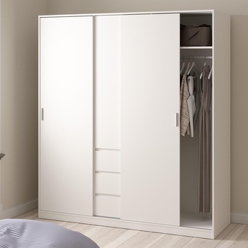 Гардероб Naia с 2 плъзгащи врати, 1 врата и 3 чекмеджета Бял