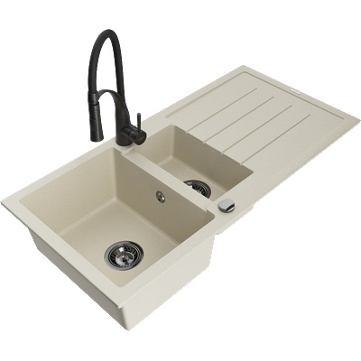 Mexen Andres гранитна мивка 1, 5-камерна с отцедник и кухненски смесител Aster, бежов - 6515-69-73450-70-B (6515-69-73450-70-B)