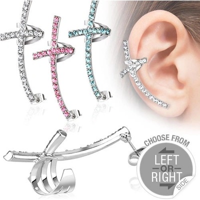 Šperky eshop fake piercing do ucha z oceli barevný prohnutý kříž se zirkony O5.14 aqua modrá Q levý