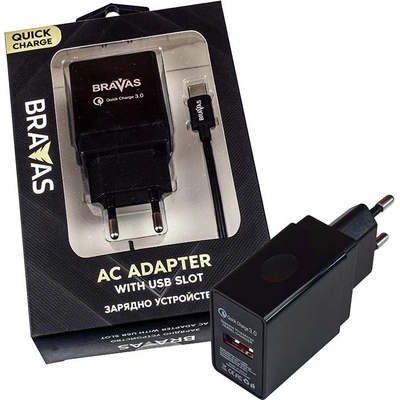 BRAVAS Зарядно устройство BRAVAS, USB Type A - Type C за стена QUICK CHARGE 3.0, сертифицирано