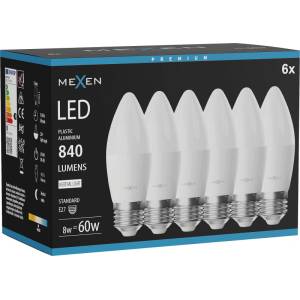 Mexen Nova 6x LED крушка E27, C37, 8W, неутрална - 4000K, 840 lm - L102-E27-0840-01x06 (L102-E27-0840-01x06)