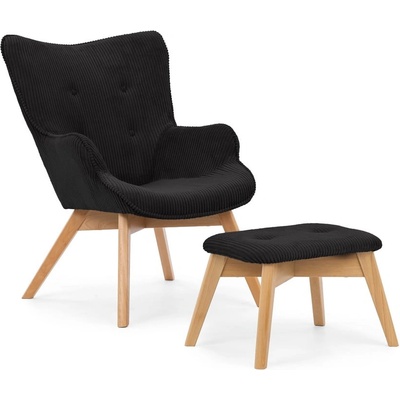 Черен фотьойл с табуретка от рипсено кадифе Niko - Ropez (Niko Fotel + Hocker tk. Lincoln 100 ( Davis ) Nogi Natura)