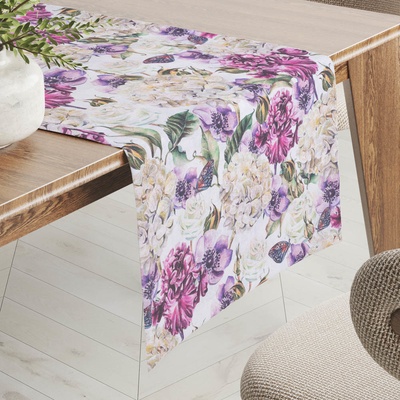 Biante Dekorační běhoun PML-108 Fialové květiny s motýlky na bílém 45x120cm