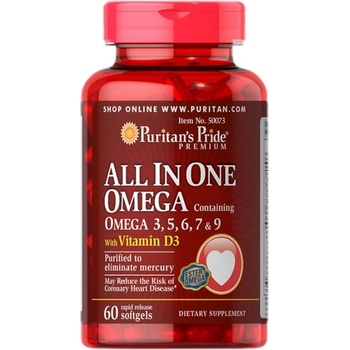Image 1 of Puritan's Pride All In One Omega 3, 5, 6, 7 & 9 with Vitamin D3 [60 Гел капсули]