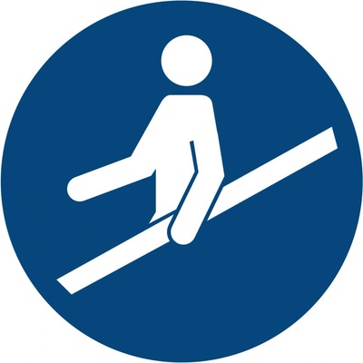 Značka Použiť zábradlie, ISO 7010, plast, 200 mm, 10 ks