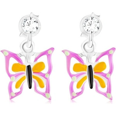 Šperky eshop puzetové náušnice s krystalem Swarovski fialovožlutý motýlek PC15.34