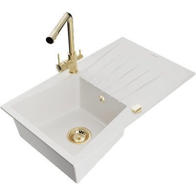 Mexen Cesar гранитна мивка с 1 корито със сушилник и кухненски смесител Duero, бял - 6514-20-671600-50 (6514-20-671600-50)