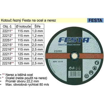 Festa Levior Kotouč řezný 115 x 1,6 x 22,2 mm 22251