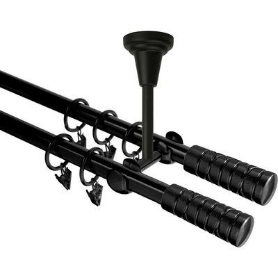 OK-GarnýžeCZ Garnýž kovová dvouřadá 16mm Torino Double černá 240 cm do stropu / kroužky s žabkou