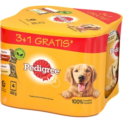 PEDIGREE Adult 3+1 CAN 4x400G - мокра храна за кучета в желе (2x С ПИЛЕ, 2x С ГОВЕЖДО)