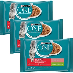 PURINA ONE STERILCAT с пуйка и зелени фасул в сос, с сьомга и морков в сос, 12 x 85 г