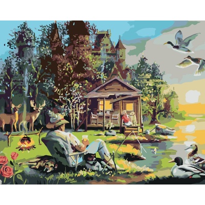 ZUTY Malování podle čísel MUŽ SE PSY RYBAŘÍCÍ U JEZERA CHATA KACHNY A JELEN D RUSTY RUST Rozměr 80 x 100 cm Rámování vypnuté plátno na rám