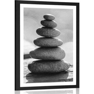 Plakát s paspartou stabilní pyramida z kamenů v černobílém provedení - 40x60 silver