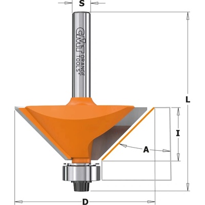 CMT Orange Tools CMT | Úhlová fréza s ložiskem 45° / stopka Ø12 mm C 936: Úhel 45° / Ø65x26 / délka 76,7 / stopka Ø12mm