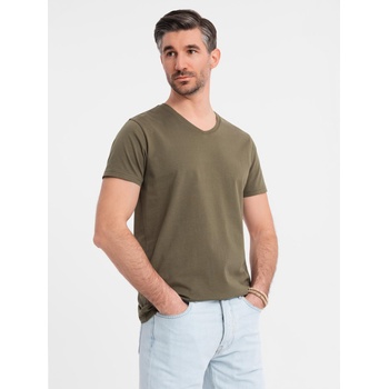 Ombre Clothing Мъжка класическа памучна тениска BASIC с V-образно деколте - тъмно маслинено зелена Ombre Clothing | Zelen | МЪЖЕ | S