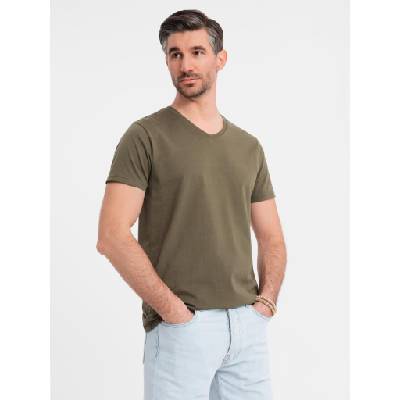 Ombre Clothing Мъжка класическа памучна тениска BASIC с V-образно деколте - тъмно маслинено зелена Ombre Clothing | Zelen | МЪЖЕ | S
