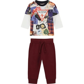 Guess Комплект с многоцветна блуза с червено лого и вишнев спортен панталон за бебе момче Guess