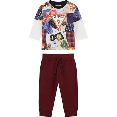 Guess Комплект с многоцветна блуза с червено лого и вишнев спортен панталон за бебе момче Guess