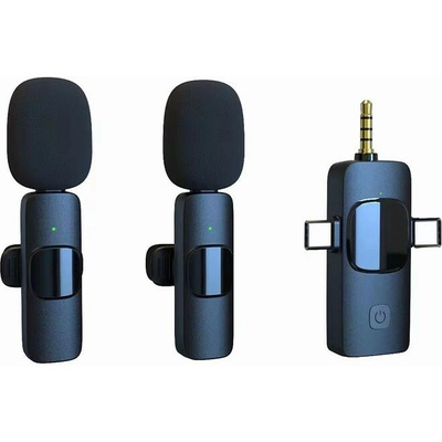K15 - Bezdrôtový klopový mikrofón 2 ks + univerzálny prijímač s USB-c, Jack 3,5 mm, iphone pre telefóny, fotoaparáty