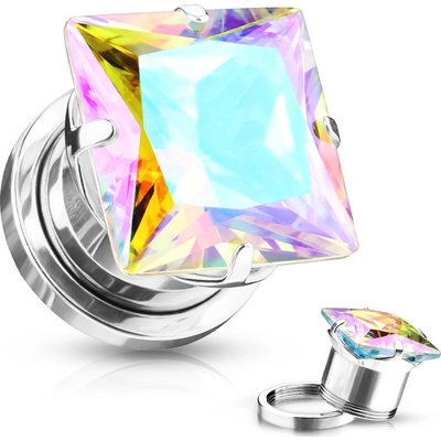 Šperky eshop plug do ucha z chirurgické oceli čtvercový zirkon duhové odlesky PVD povrchová úprava U08.15