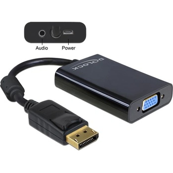 Delock Адаптер, DeLock, Displayport 1.1 мъжки към VGA 15 пинов женски + аудио + захранване, черен 65439 (65439) (65439)