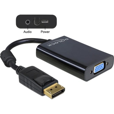 Delock Адаптер, DeLock, Displayport 1.1 мъжки към VGA 15 пинов женски + аудио + захранване, черен 65439 (65439)