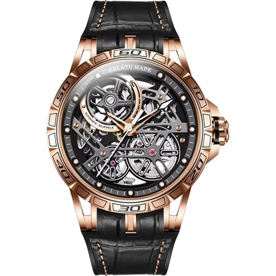 Gelatu Мъжки часовник GELATU Skeleton Luminous, Автоматичен, Естествена кожа, Златист (GELATU-6015-GOLD)