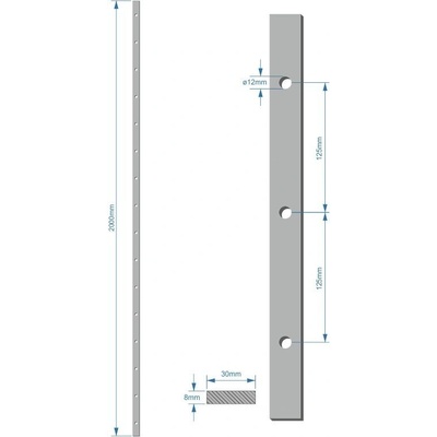 Plochá tyč 30 x 8 mm, děrovaná, rozteč děr 125 mm, otvor ø 12 mm, L=2000 mm