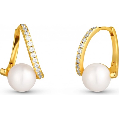 JwL Luxury Pearls Slušivé pozlátené náušnice s pravou perlou a zirkónmi JL0850