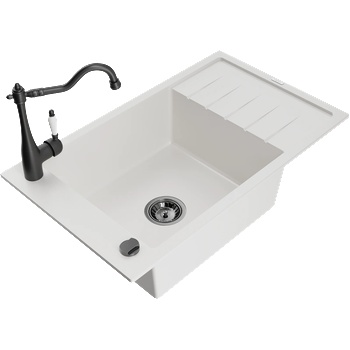 Mexen Elias гранитна мивка с 1 отделение с отцедник и кухненски смесител Carla, бял - 6511-20-670700-70 (6511-20-670700-70)