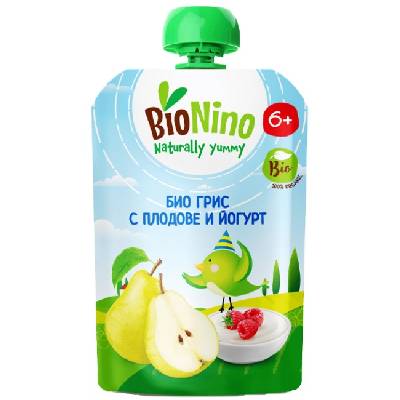 Био плодова закуска BioNino - Пауч с грис, плодове и йогурт, 6 м+, 90 g (BN2591)