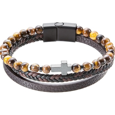Pavona Náramek pánský koženka a korálky tygří oko s křížkem 43044.3 hnědý Délka náramku: 23 cm