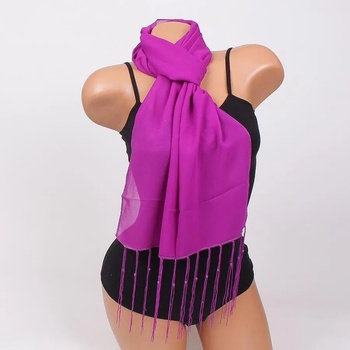 Image 1 of Стилен шал в пурпурно лилаво с дълги ресни и перлички