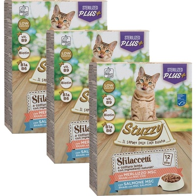 Stuzzy Cat Shreds Sterilized trhané mäso z tresky a lososa 36 x 85 g