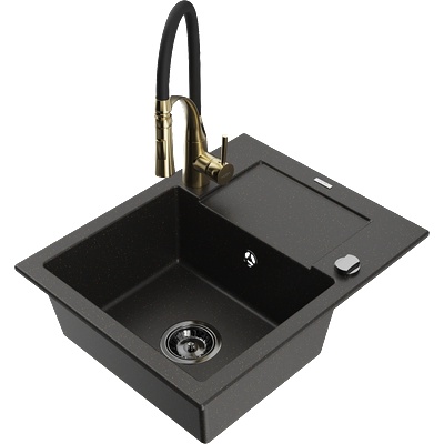 Mexen Enzo гранитна мивка с 1 камера с отцедник и кухненски смесител Aster, черно/златист метаник - 6506-75-73450-57-B (6506-75-73450-57-B)