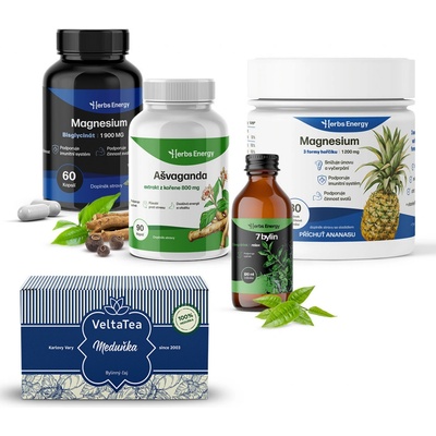 Herbs Energy Balíček Perfektní spánek Magnesium DRINK 30 d. + Magnesium BISGLYCINÁT 1900 mg 60 k. + Ašvaganda extrakt 800 mg 90 k. + Sleep Drink 7 b. 100 ml + VeltaTea Bylin. čaj Meduňka BIO 20 s.