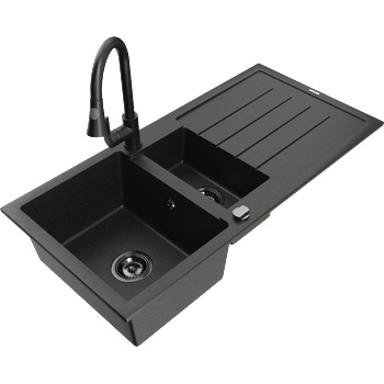 Mexen Andres гранитна мивка 1, 5-камерна с отцедник и кухненски смесител Elia, черен/златен металик - 6515-75-670101-70-B (6515-75-670101-70-B)