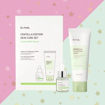 iUNIK Centella Edition Skincare zklidňující gel krém s Pupečníkem asijským 60 ml + sérum pro problematickou pleť s vodou z listů čajovníku 15 ml dárková sada