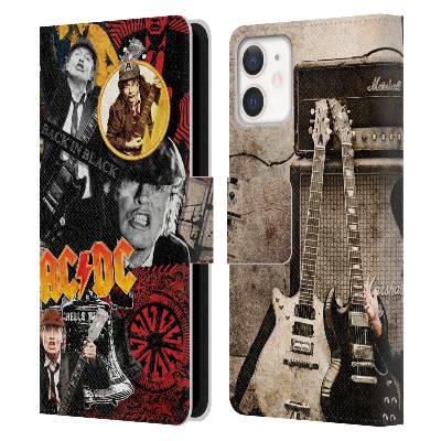 Pouzdro na mobil Apple Iphone 12 MINI - HEAD CASE - AC/DC - Rocková skupina koláž Angus (Otevírací obal, kryt na mobil Apple Iphone 12 MINI - ACDC Angus Young kytary)